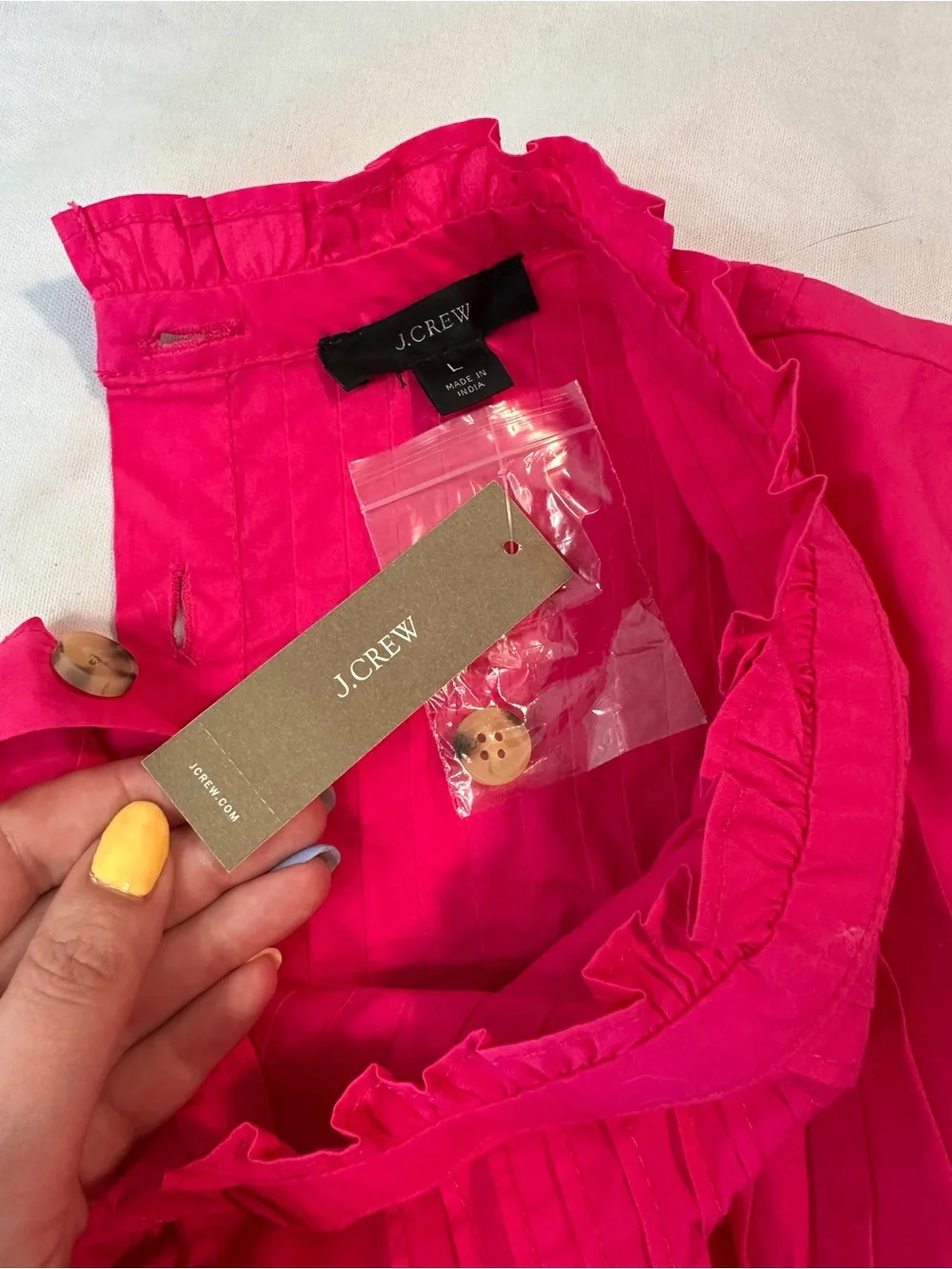 J.Crew Bright Dahlia Hot Pink Pintuck Cotton Poplin Ruffle Neck Top Blouse L NWT
